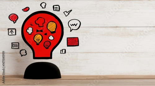 Red lightbulb with small icons representing ideas and communication, against a light wood background. The image suggests creativity, innovation, and brainstorming. Pixel art style.