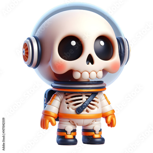 Cute 3d skeleton wearing space suit isolated on white background