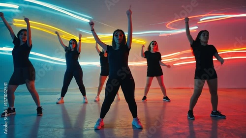 Energetic group dancing with colorful light trails in a dynamic studio