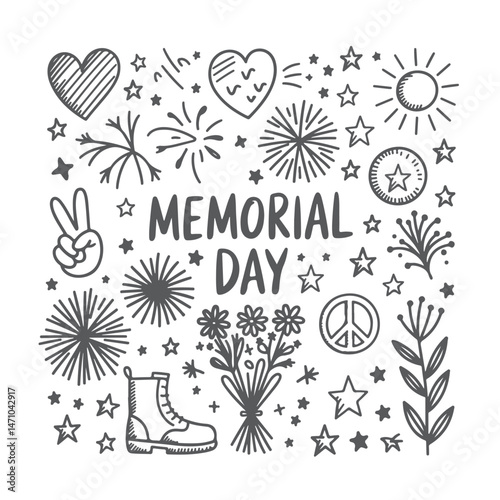 Wallpaper Mural Set of memorial day doodle on white background. Hand drawn abstract doodle isolated on white background. Torontodigital.ca