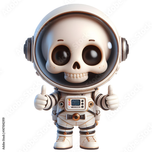 Cute 3d skeleton wearing space suit isolated on white background