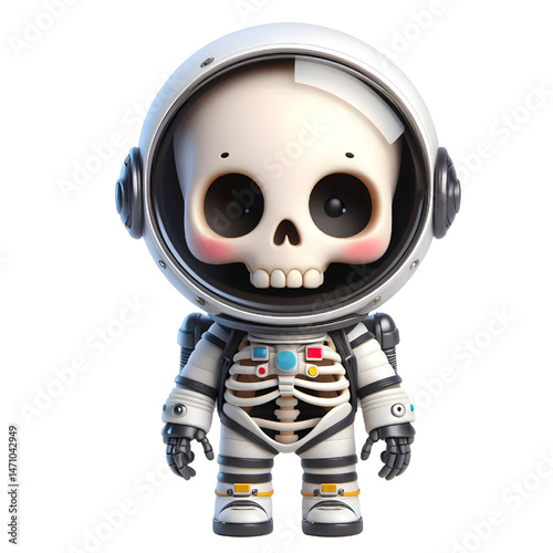 Cute 3d skeleton wearing space suit isolated on white background