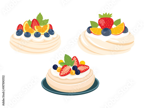 vector illustration of a Pavlova (Meringue-Based Dessert Topped with Whipped Cream and Fresh Fruit)