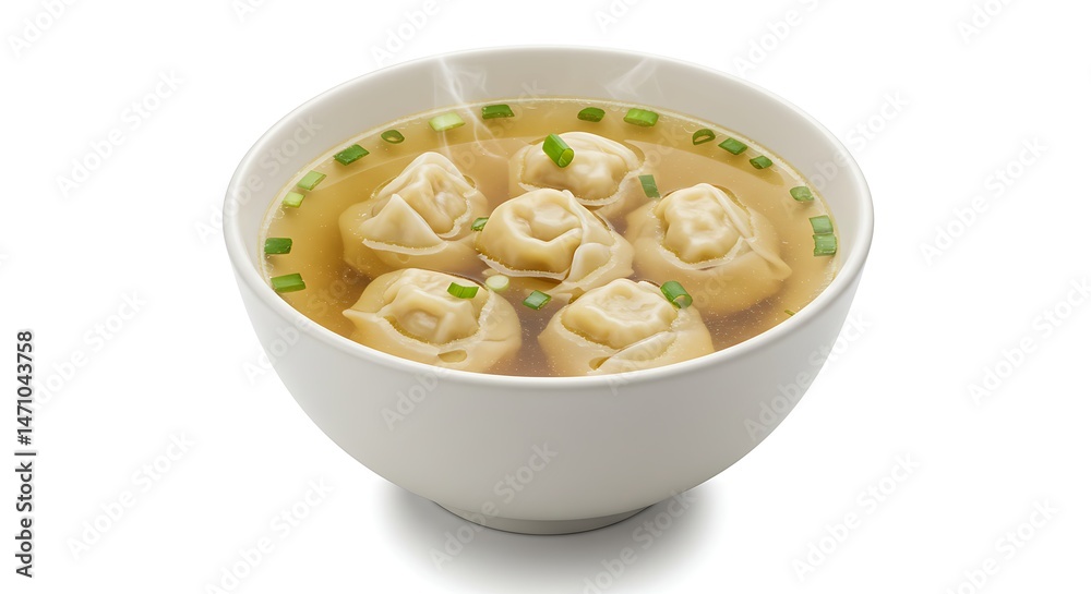 A bowl of wonton soup with green onions, isolated on white A bowl of wonton soup with green onions, isolated on white