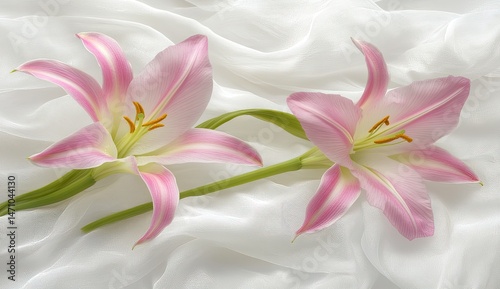 Pink lilies on white fabric