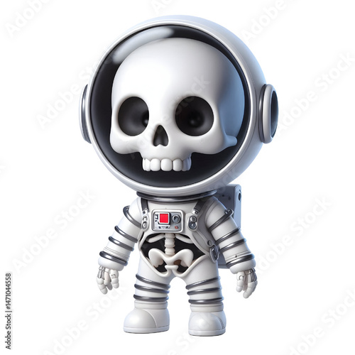 Cute 3d skeleton wearing space suit isolated on white background