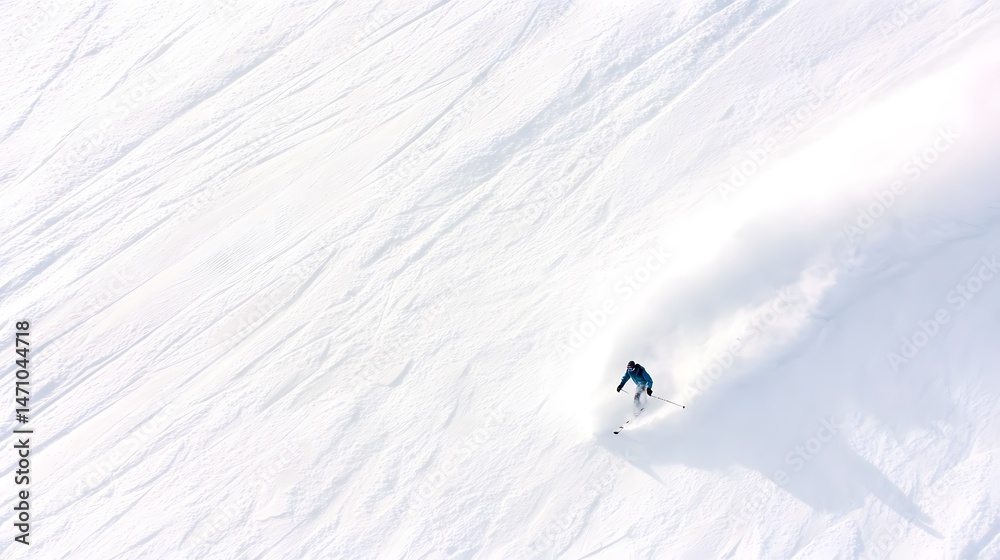 Aerial View of Skier Descending a Fresh Powder Slope Aerial View of Skier Descending a Fresh Powder Slope