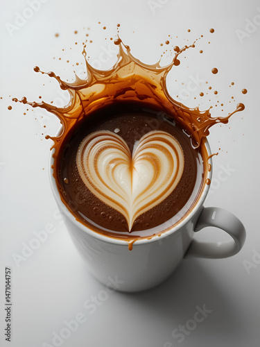 Coffee splashing out of a cup, artistically shaped into a recognizable symbol or image like a heart