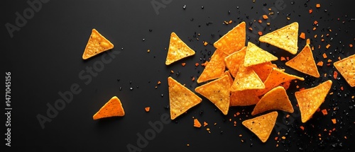 A scattering of crispy tortilla chips on dark background.