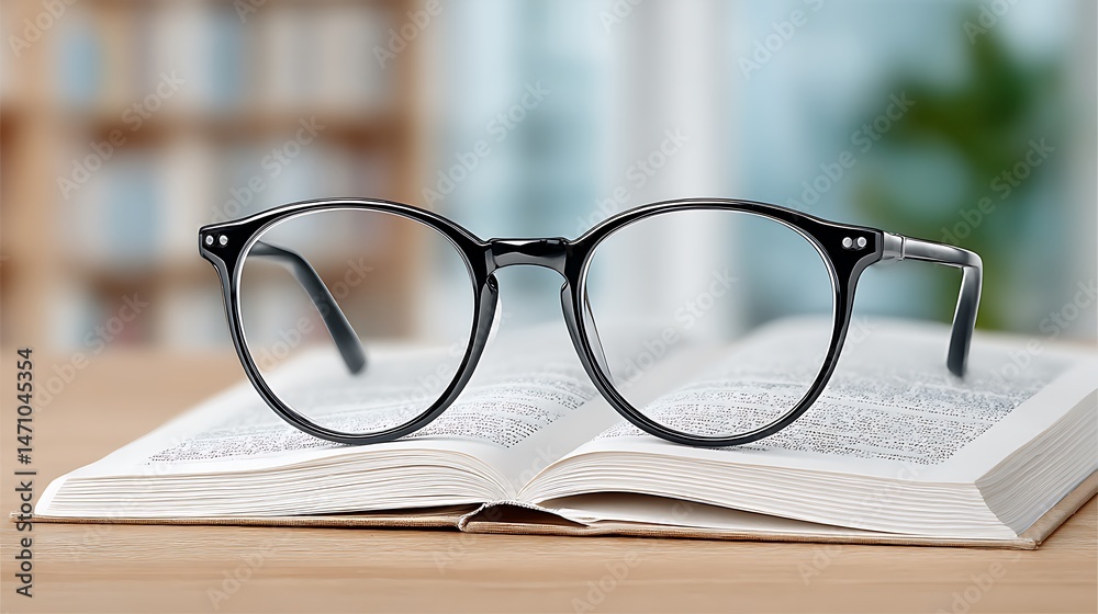 Reading Glasses on Open Book with Library Background. Reading Glasses on Open Book with Library Background.