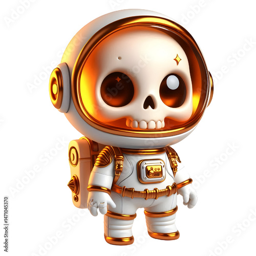 Cute 3d skeleton wearing space suit isolated on white background