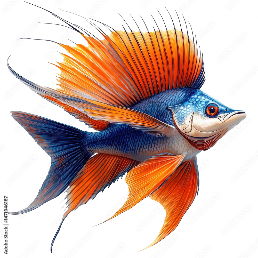 Fototapeta premium Exotic finned fish with vibrant scales and feathery fins in deep waters