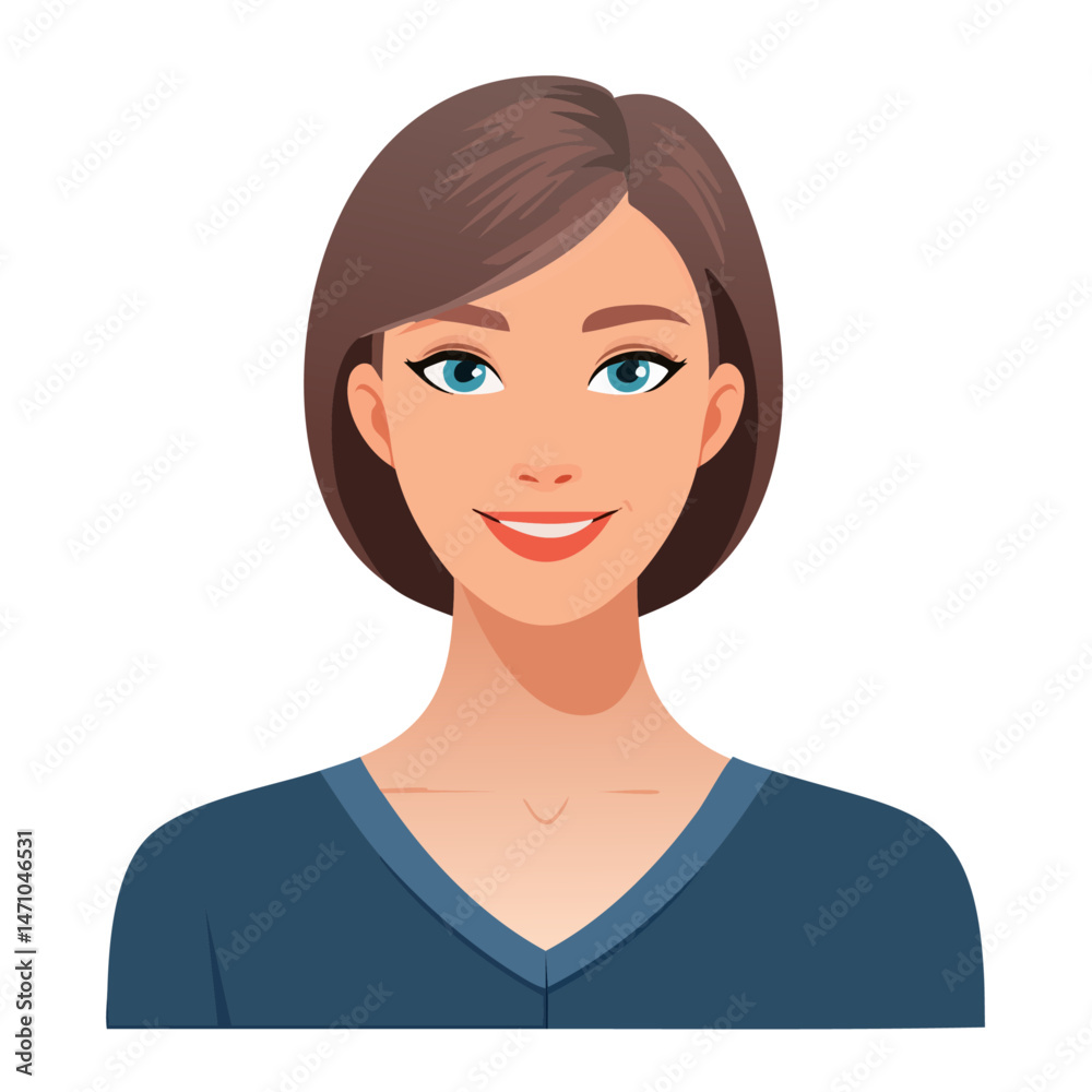 Flat Vector. Portrait of only one Woman. Simple Background.