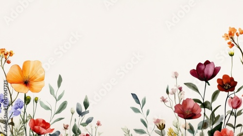 Autumn flowers painted in watercolor with warm tones of orange, burgundy, and soft greens on beige background