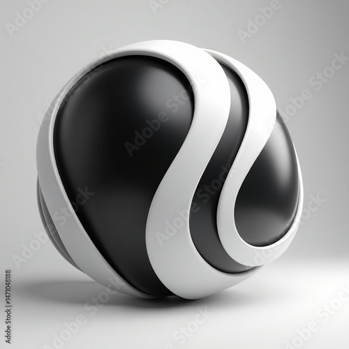 Futuristic black and white abstract sphere with smooth, flowing white ribbons wrapping around a glossy black core, placed on a neutral background to highlight its dynamic, sculptural form.