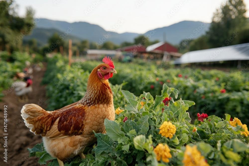 Fototapeta premium Free-range hen amidst vibrant farm scene