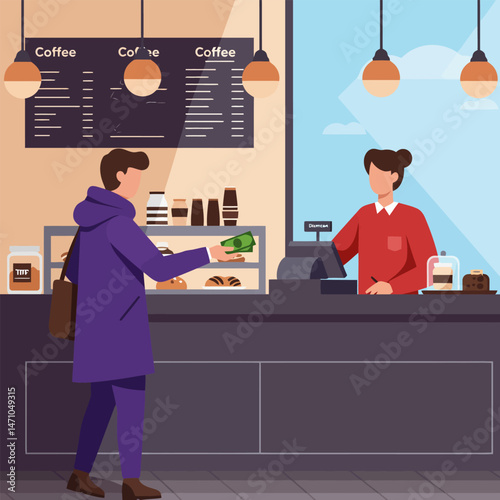 Customer Buying Coffee and Pastry at Cafe Counter with Cash