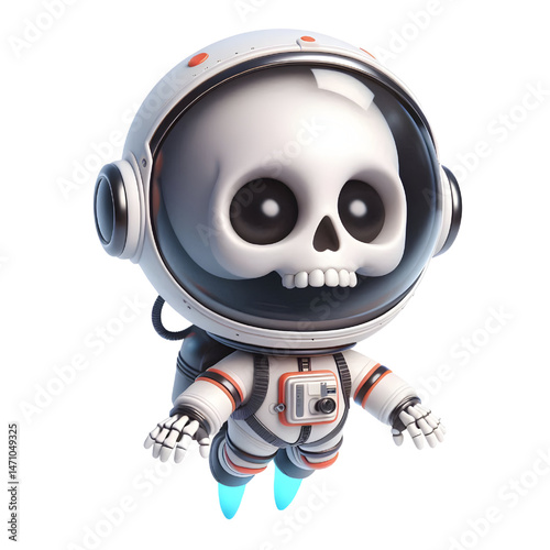 Cute 3d skeleton wearing space suit isolated on white background