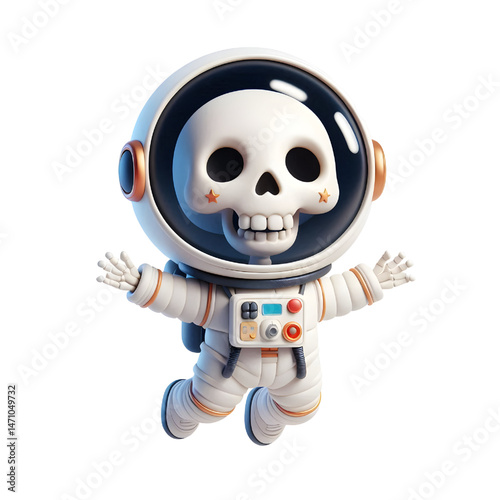 Cute 3d skeleton wearing space suit isolated on white background