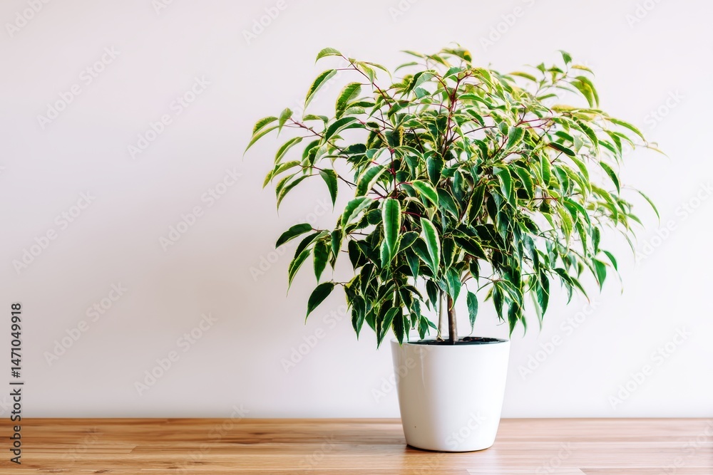 Fototapeta premium Ficus Benjamina plant in white pot against white wall on wooden floor in home interior low angle view