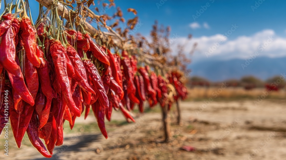 Naklejka premium Red chili peppers hang in a sunlit field under a clear blue sky in late summer
