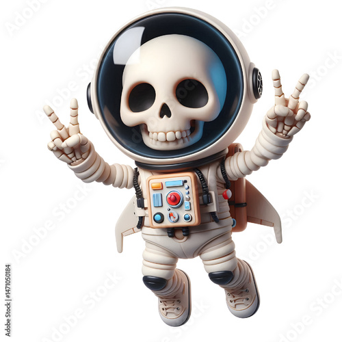 Cute 3d skeleton wearing space suit isolated on white background