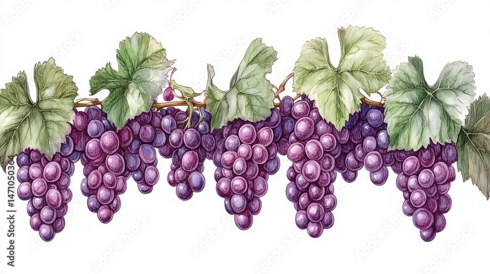 Fototapeta premium A decorative illustration of purple grapes and leaves.