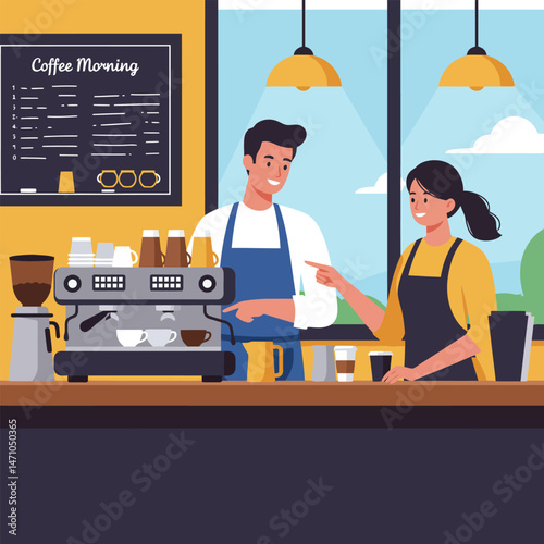 Barista Making Coffee with Colleague in Bright Cafe Setting