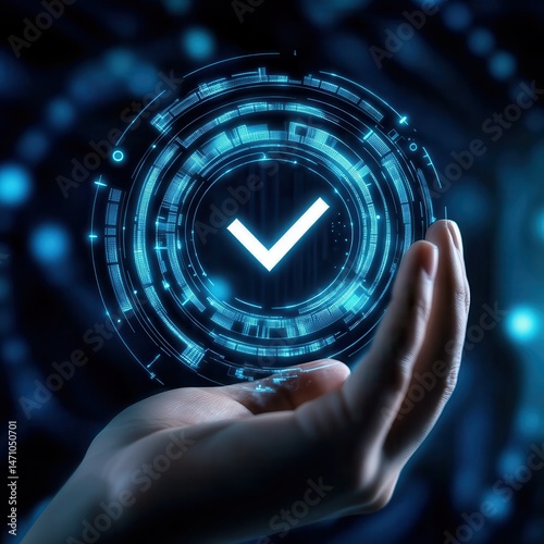 Quality control certification, check guarantee of standard of company product. Concept on virtual screen. Standardization, certification concept. Compliance to regulations and.