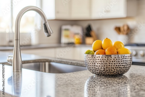 Fresh citrus fruits in a stylish bowl on a kitchen countertop with modern appliances