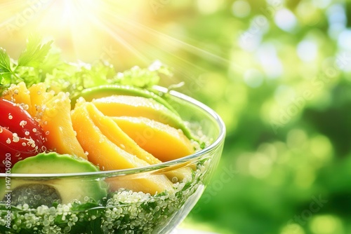 Fresh fruit salad with mango, cucumber, and herbs in a glass bowl under sunlight