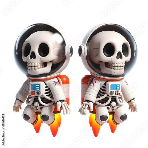 Cute 3d skeleton wearing space suit isolated on white background