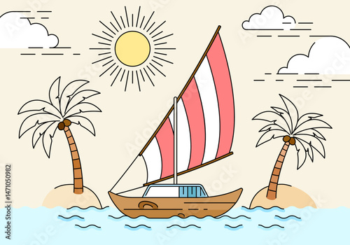 Felucca Tourist Boat Sailing Around River and Ocean by the Beach During a Summer Vacation. Can be used for tourism marketing websites, promotions, holiday destination ads