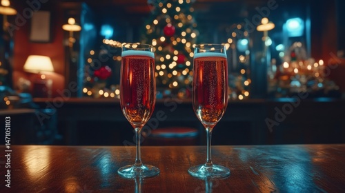 Festive champagne flutes on a bar in a dimly lit room.