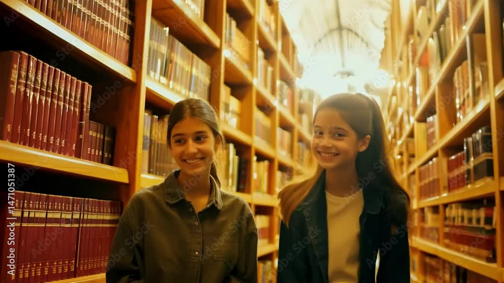 custom made wallpaper toronto digitalTwo young women are talking in the library. Sunlight penetrates through the collection, creating a golden atmosphere as they smile and laugh, discussing books with enthusiasm..