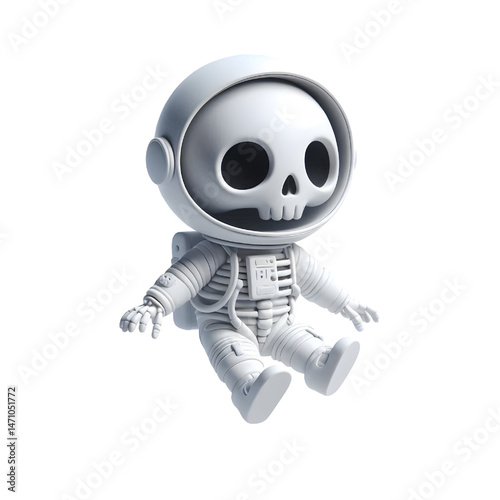 Cute 3d skeleton wearing space suit isolated on white background