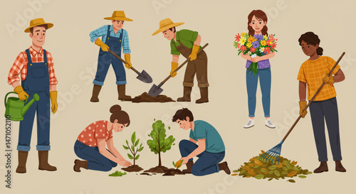 Gardening people with tools for commercial use, flat vector style