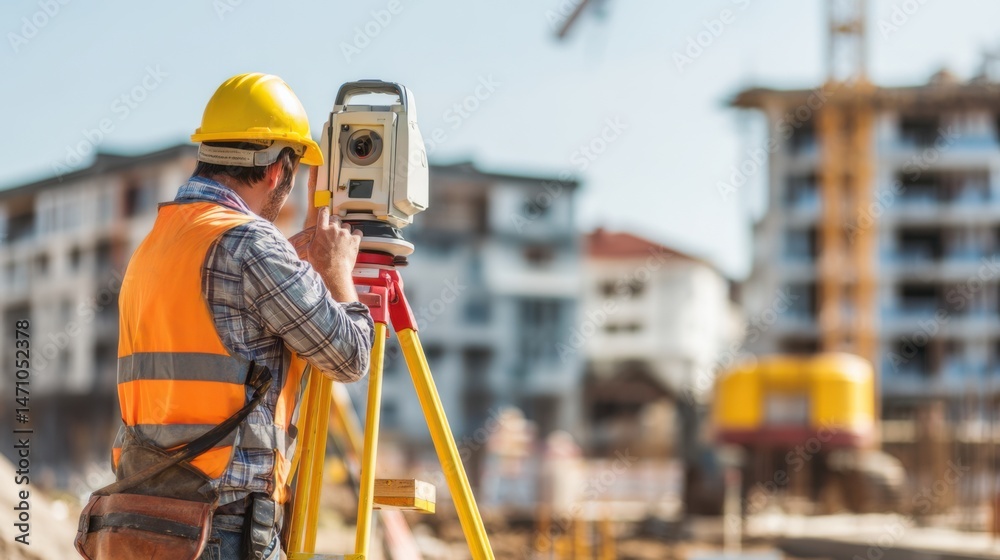 Construction worker using surveying equipment at a building site under clear sky Construction worker using surveying equipment at a building site under clear sky