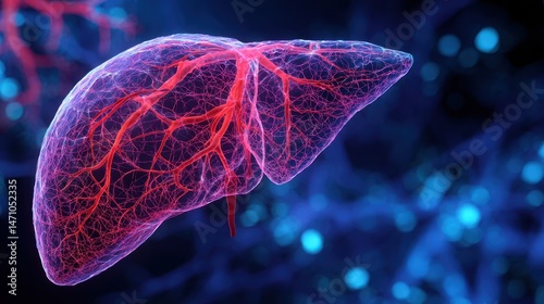 Human Liver Anatomy Illustration Showing Blood Vessels and Organ Structure in Detailed Medical Visualization