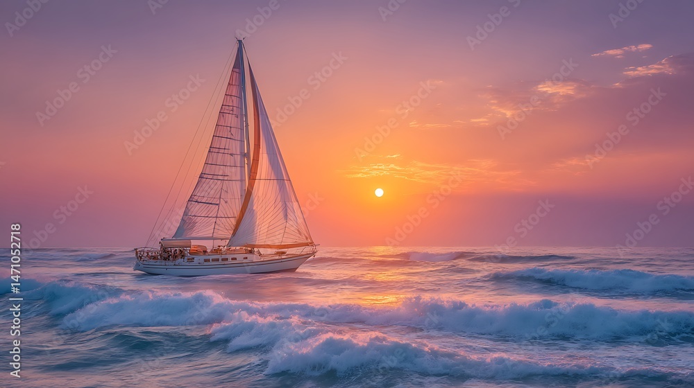 Naklejka premium Sunset Sailboat Adventure Ocean Waves with Tropical Paradise.