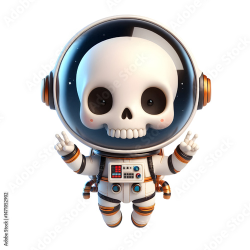 Cute 3d skeleton wearing space suit isolated on white background