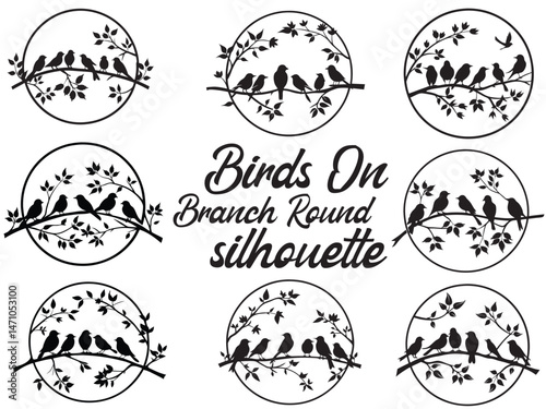 Silhouette of birds on a tree branch with leaves in a peaceful nature scene vector illustration