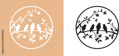 Silhouette of birds on a tree branch with leaves in a peaceful nature scene vector illustration