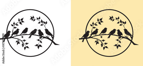Silhouette of birds on a tree branch with leaves in a peaceful nature scene vector illustration