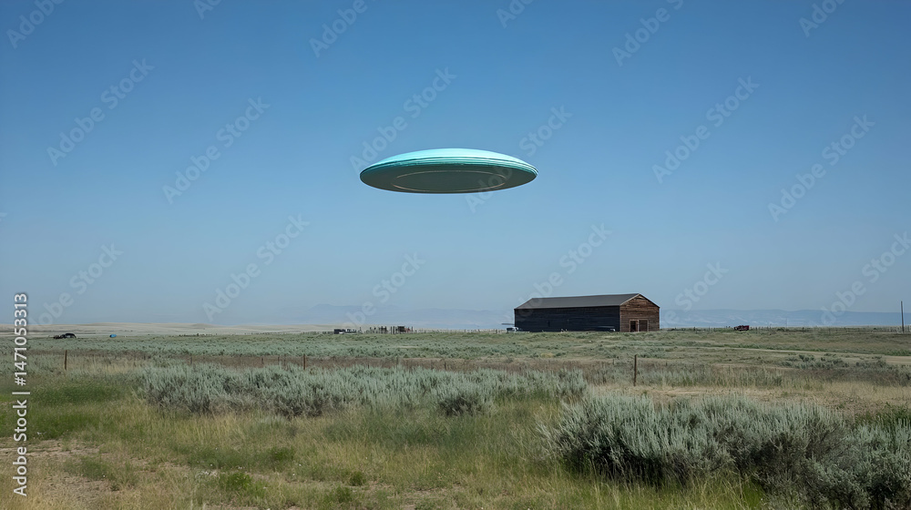 Fototapeta premium Unidentified flying object over an agricultural landscape with an old barn