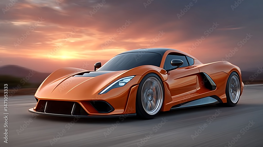 Obraz premium Sunset Speed Orange Supercar on Coastal Highway.