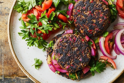 Grilled veggie burgers served with fresh salad on a rustic plate, showcasing vibrant colors