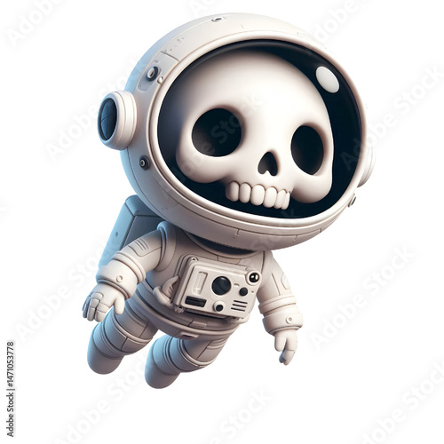 Cute 3d skeleton wearing space suit isolated on white background