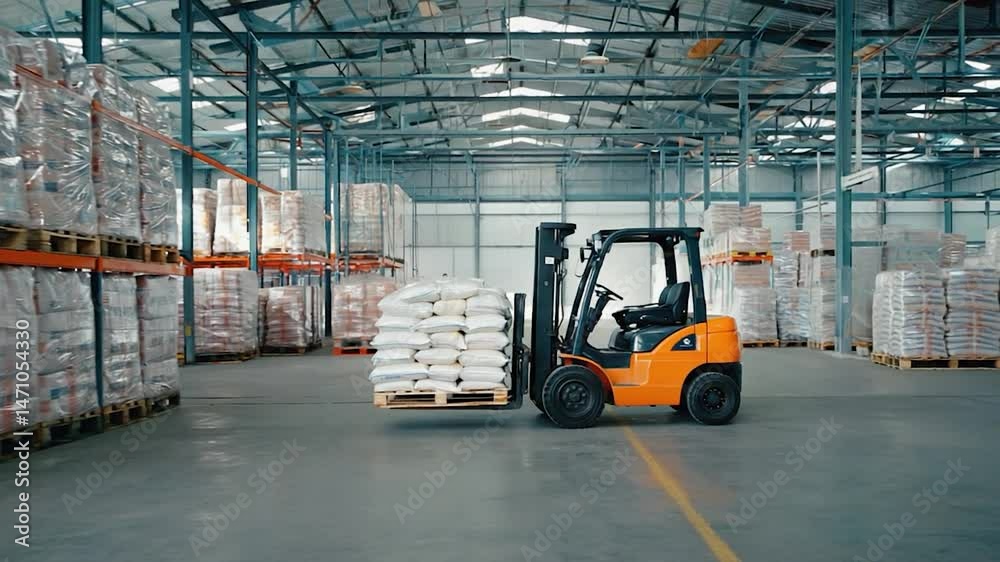 Forklift operating inside warehouse transporting packaged goods