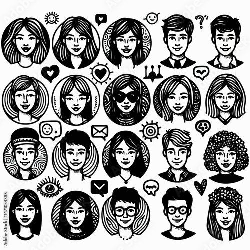 Set of people faces hand drawn in doodle style.Black lines and silhuette